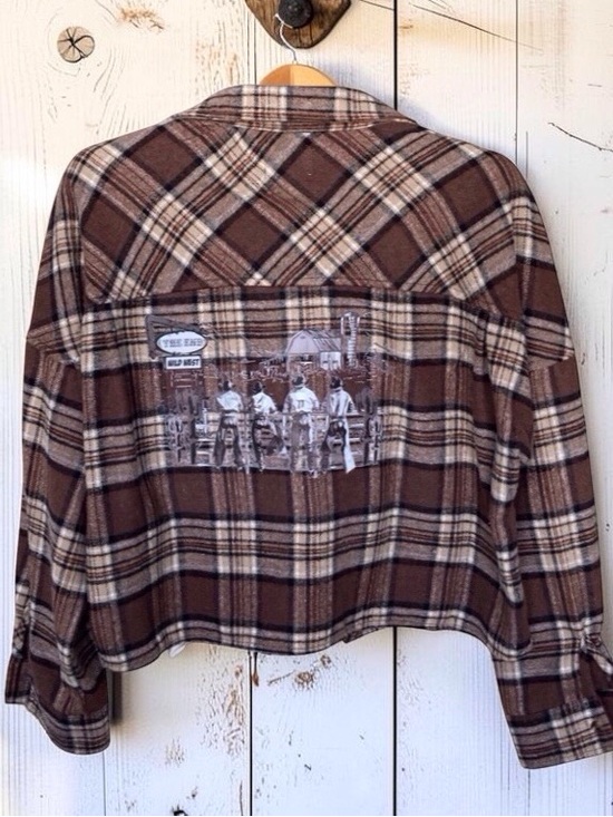 Ci Sono Jackets & Blazers - Women's Brown Plaid Teddy Jacket with Back Graphic Sz Large